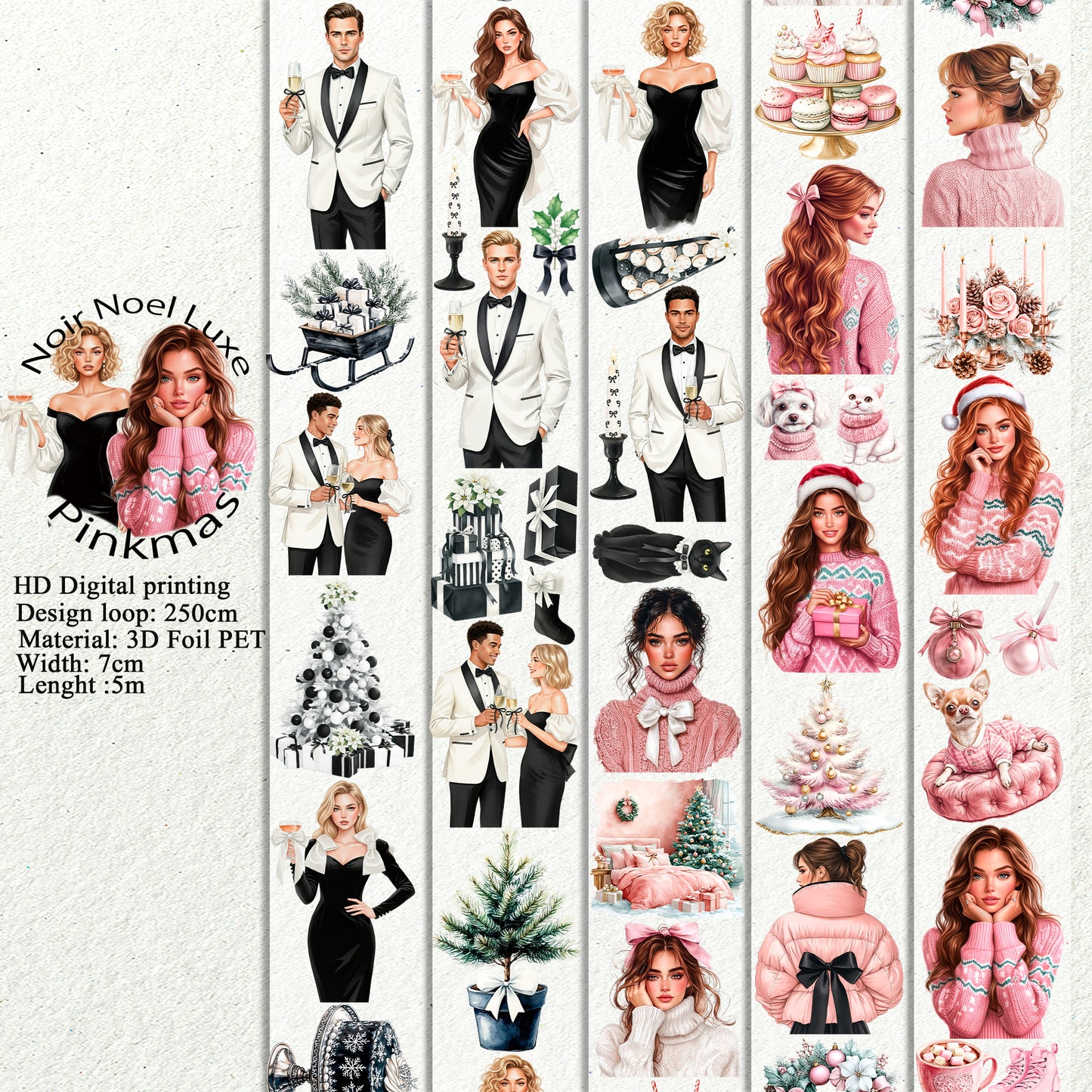 PET 3D raised Noir Noel Luxe and Pinkmas tape,one roll fashion, junk journal, scrapbooking,bullet journal, card making.