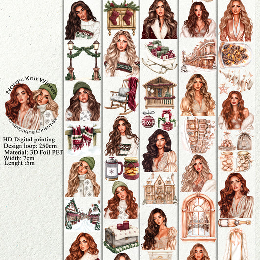 PET 3D raised Nordic Knit Winter and Champagne Christmas tape,one roll fashion, junk journal, scrapbooking,bullet journal, card making.