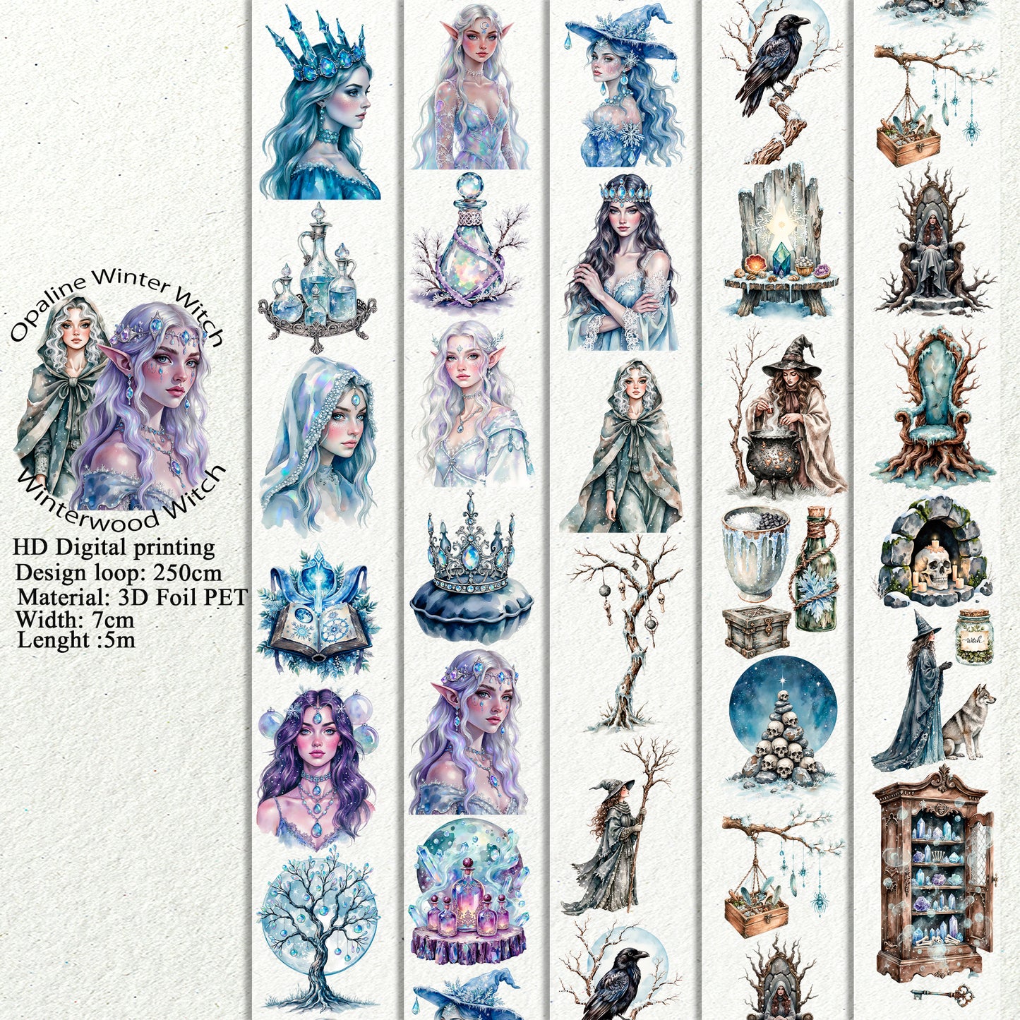 Opaline Winter Witch and Winterwood Witch PET 3D raised tape,one roll fashion, junk journal, scrapbooking,bullet journal, card making.