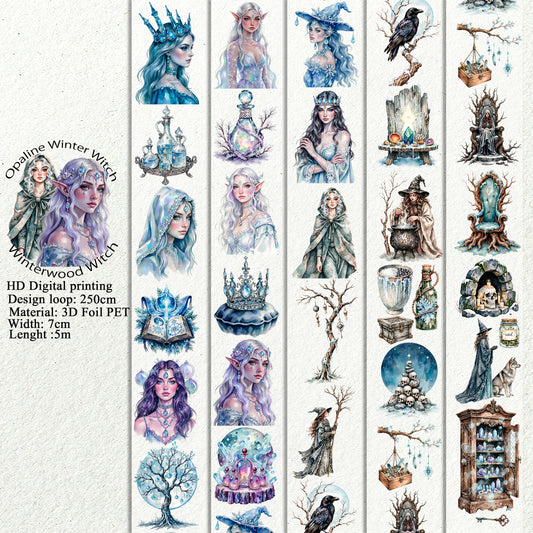 Opaline Winter Witch and Winterwood Witch PET 3D raised tape,one roll fashion, junk journal, scrapbooking,bullet journal, card making.