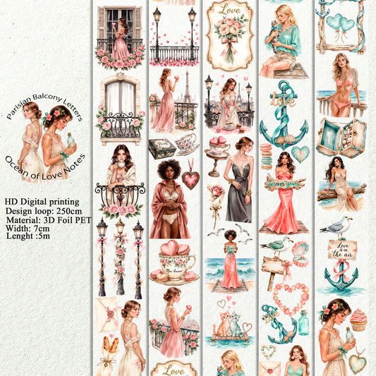 Parisian Balcony Letters and Ocean of Love Notes PET 3D raised tape,one roll fashion, junk journal, scrapbooking,bullet journal, card making.