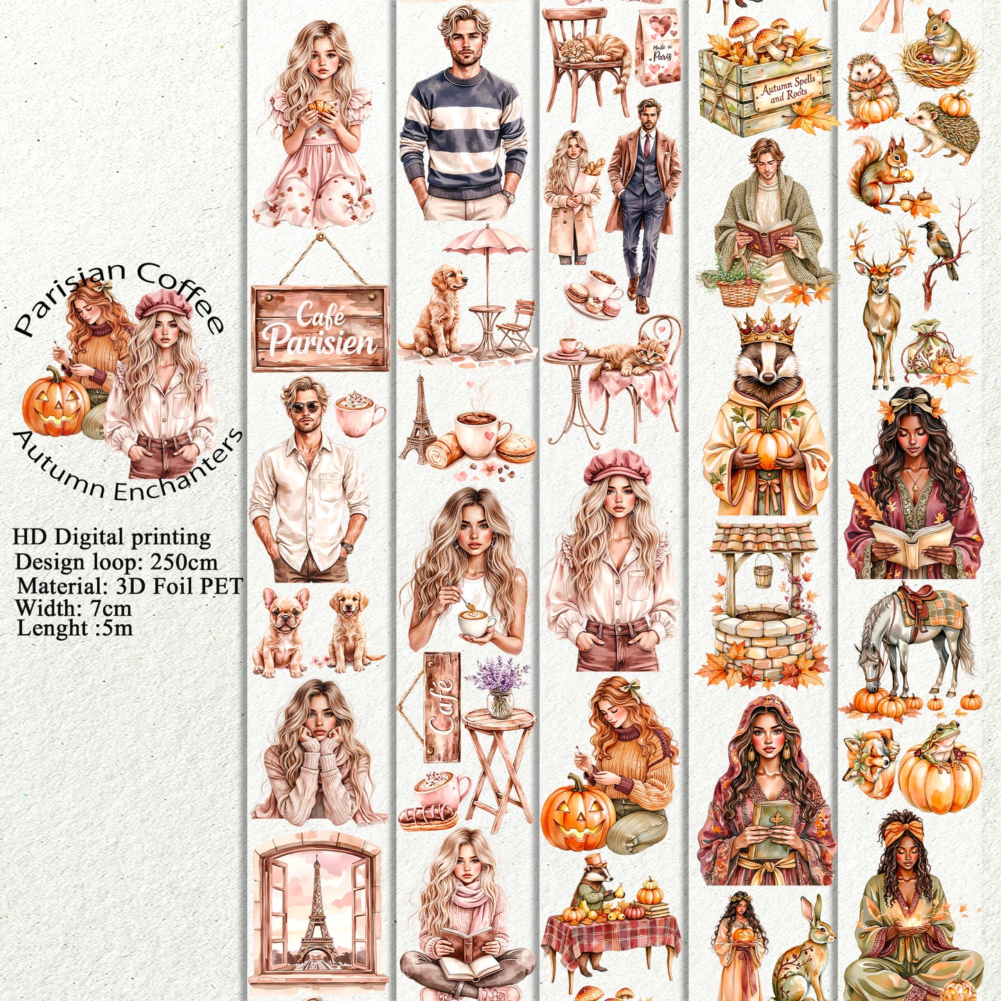 PET 3D raised Parisian Coffee and Autumn Enchanters tape,one roll fashion, junk journal, scrapbooking,bullet journal, card making.