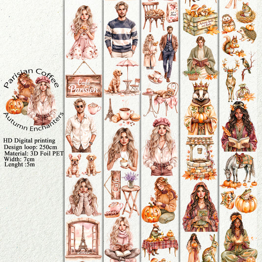 PET 3D raised Parisian Coffee and Autumn Enchanters tape,one roll fashion, junk journal, scrapbooking,bullet journal, card making.