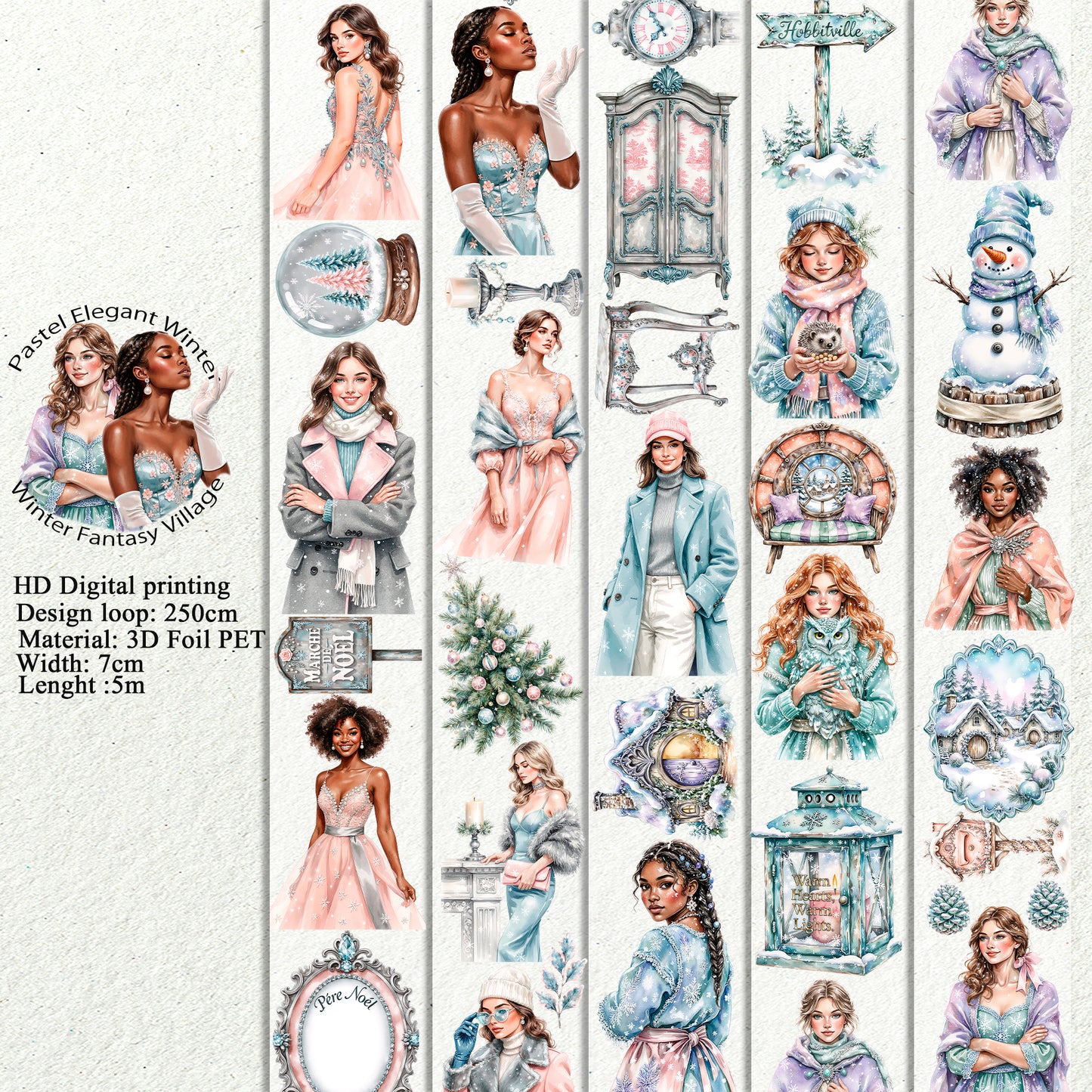 PET 3D raised Pastel Elegant Winter and  Winter Fantasy Village tape,one roll fashion, junk journal, scrapbooking,bullet journal, card making.