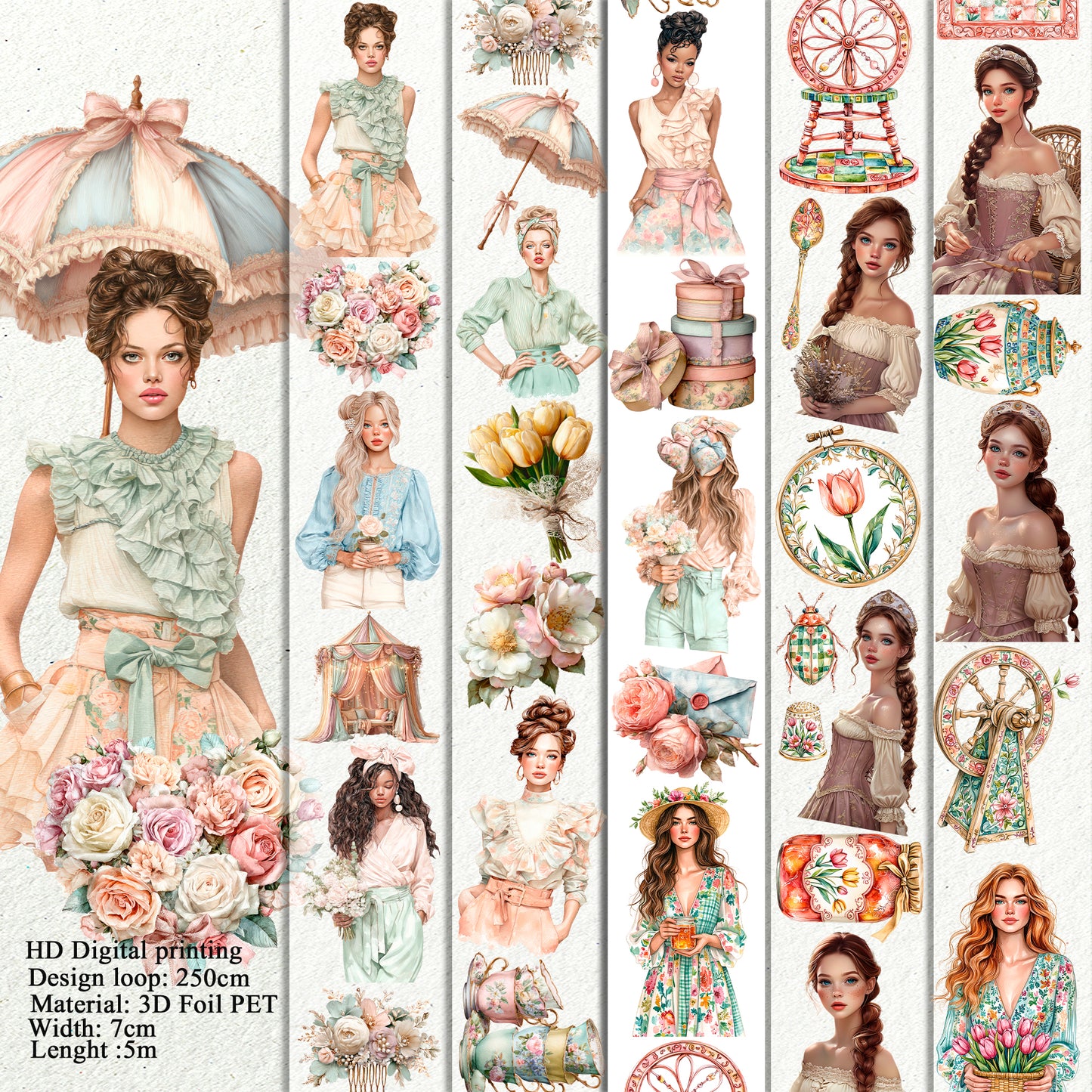 Pastel Coquette and Wildwood Reverie PET 3D raised tape,one roll fashion, junk journal, scrapbooking,bullet journal, card making.