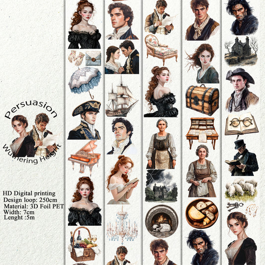 PET 3D raised Persuasion and Wuthering Height tape,one roll fashion, junk journal, scrapbooking,bullet journal, card making.