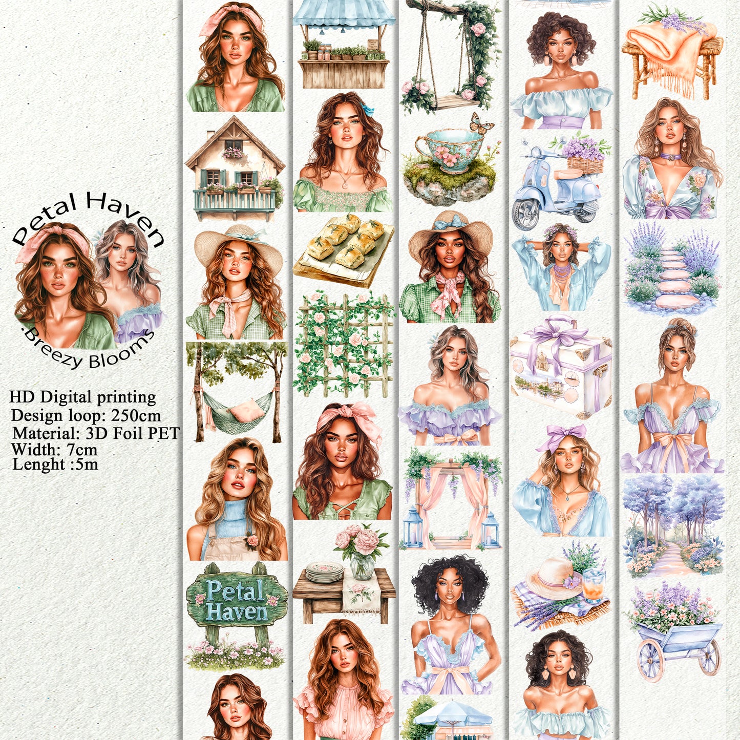 PET 3D raised Petal Haven and Breezy Blooms tape,one roll fashion, junk journal, scrapbooking,bullet journal, card making.