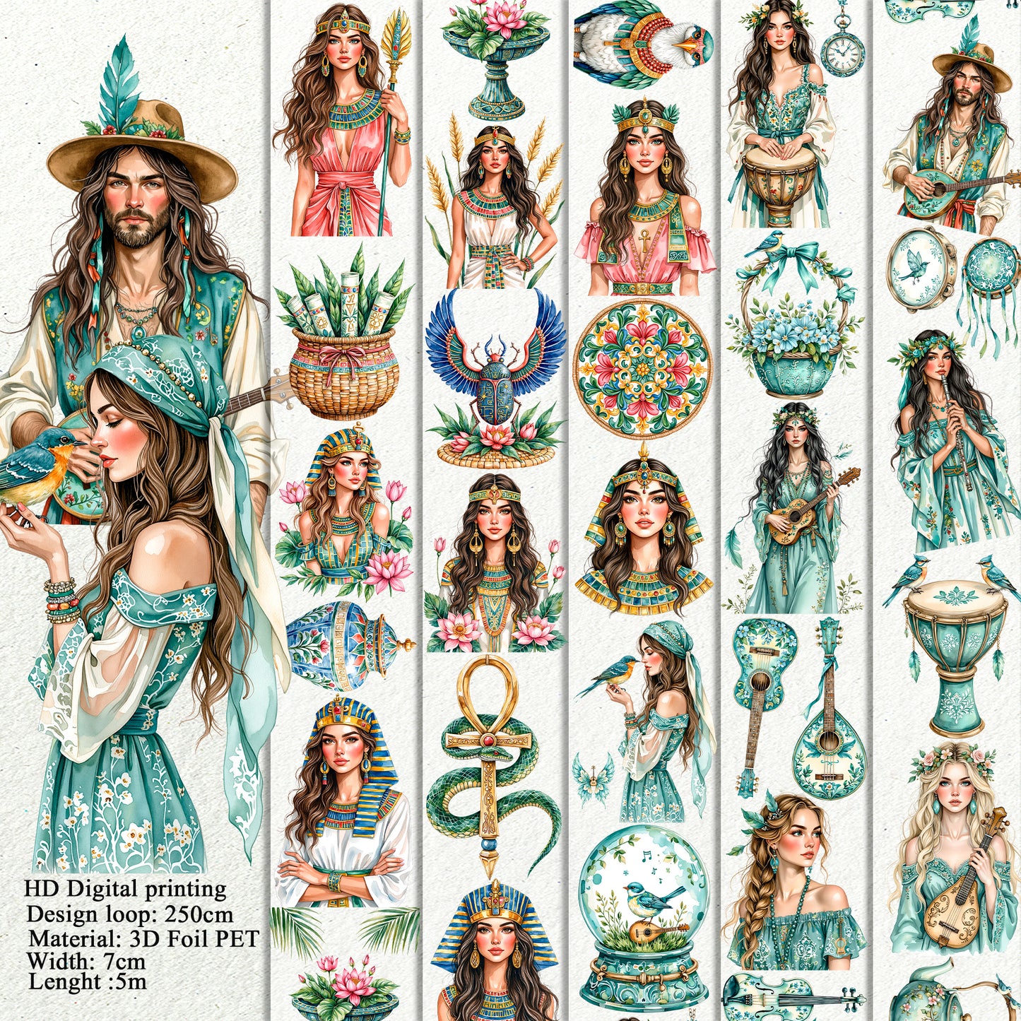 Pharaohs Garden and Bohemian Bird Muse PET 3D raised tape,one roll fashion, junk journal, scrapbooking,bullet journal, card making.