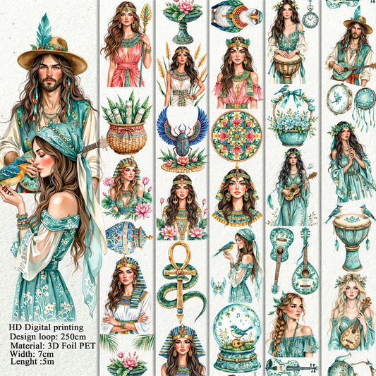 Pharaohs Garden and Bohemian Bird Muse PET 3D raised tape,one roll fashion, junk journal, scrapbooking,bullet journal, card making.