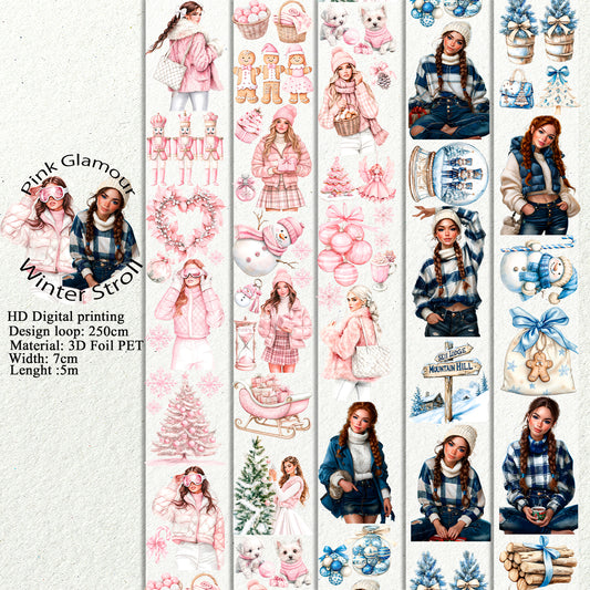 PET 3D raised Pink Glamour and Winter Stroll tape,one roll fashion, junk journal, scrapbooking,bullet journal, card making.