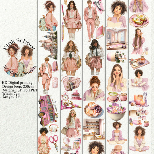 Pink School and Self Care moments PET 3D raised tape,one roll fashion, junk journal, scrapbooking,bullet journal, card making.