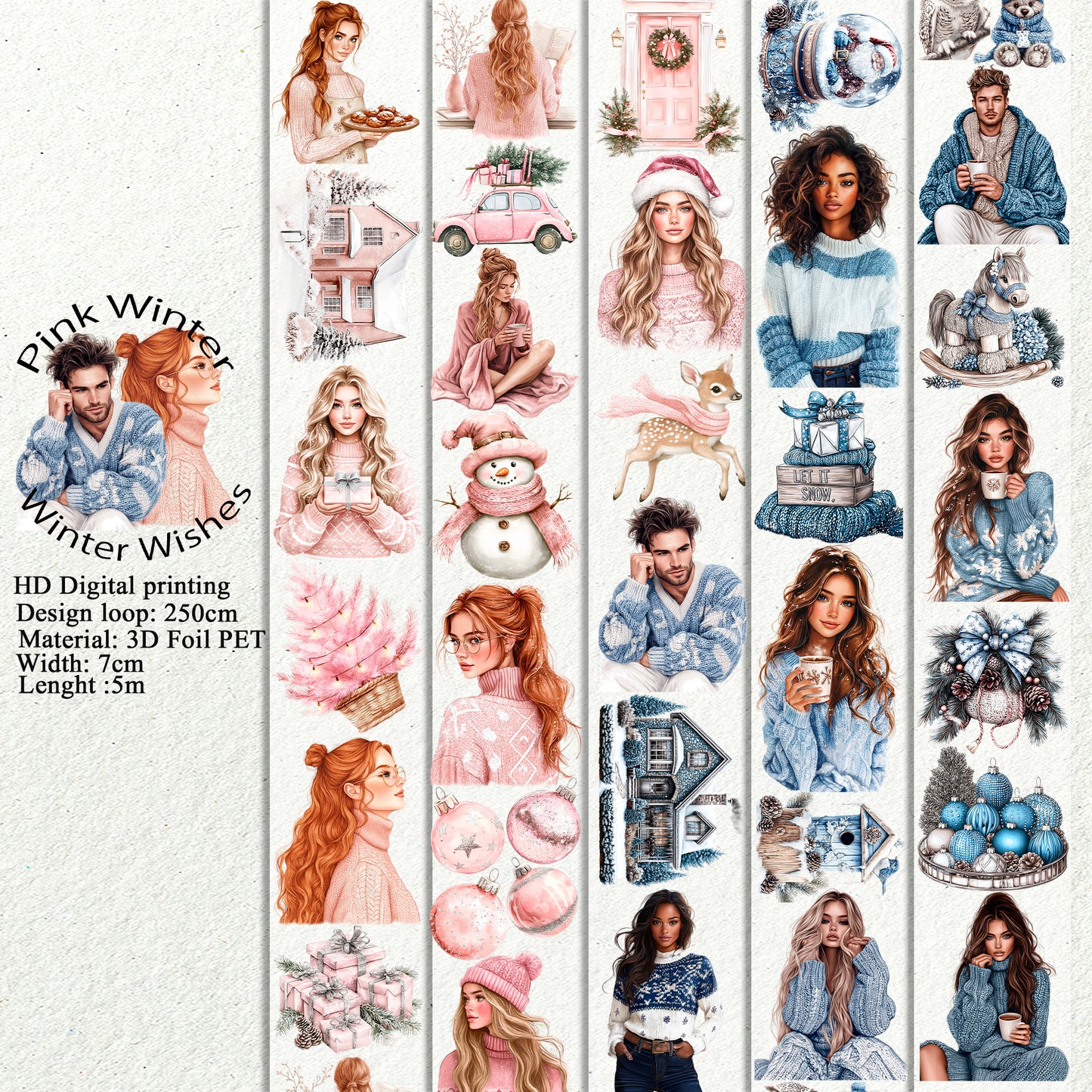 PET 3D raised Pink Winter and Winter Wishes tape,one roll fashion, junk journal, scrapbooking,bullet journal, card making.