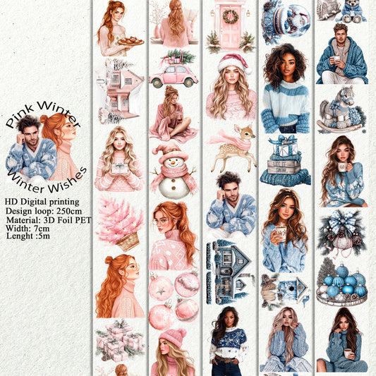 PET 3D raised Pink Winter and Winter Wishes tape,one roll fashion, junk journal, scrapbooking,bullet journal, card making.