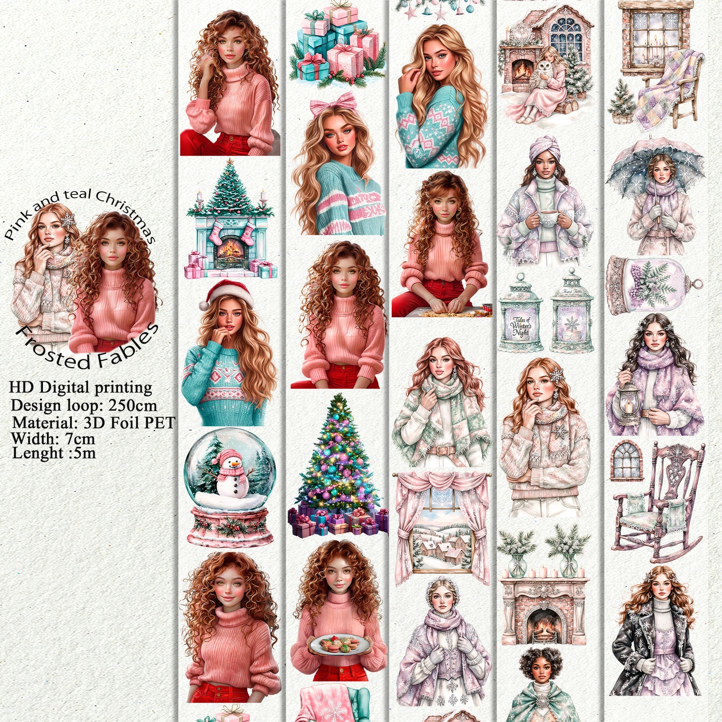 PET 3D raised Pink and teal Christmas and Frosted Fables tape,one roll fashion, junk journal, scrapbooking,bullet journal, card making.