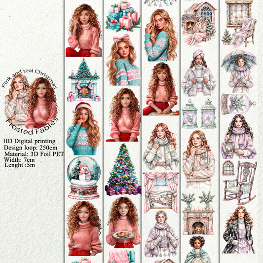PET 3D raised Pink and teal Christmas and Frosted Fables tape,one roll fashion, junk journal, scrapbooking,bullet journal, card making.