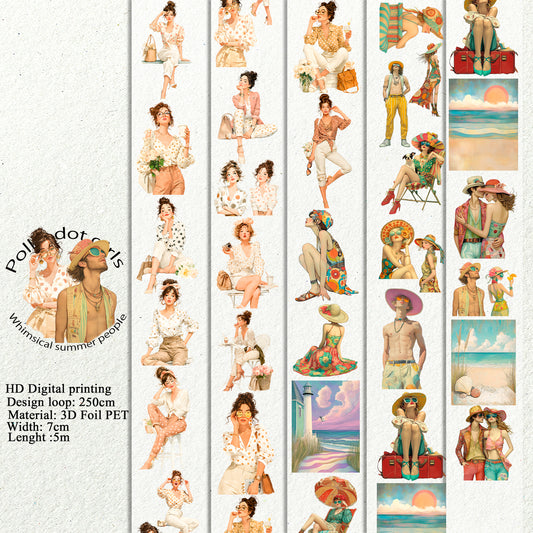 PET 3D raised Polka dot girls and Whimsical summer people tape,one roll fashion, junk journal, scrapbooking,bullet journal, card making.