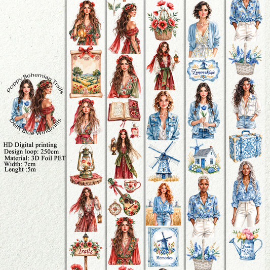 PET Poppy Bohemian Trails and  Delft Blue Windmills 3D raised tape,one roll fashion, junk journal, scrapbooking,bullet journal, card making.