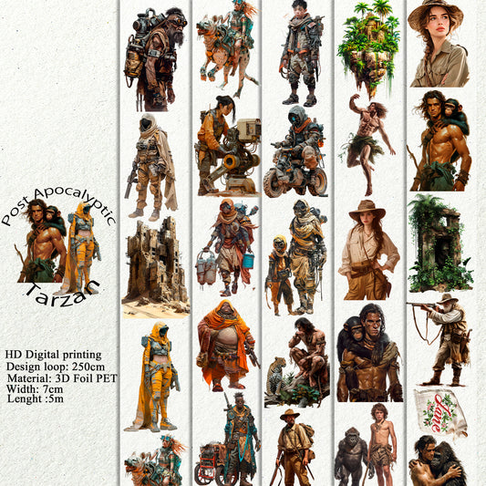 PET 3D raised Post Apocalyptic and Tarzan tape,one roll fashion, junk journal, scrapbooking,bullet journal, card making.