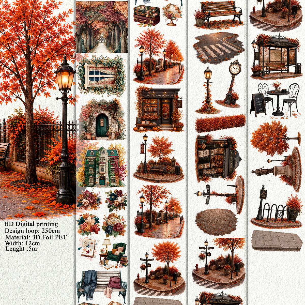 Preppy Fall Aesthetic and Autumn City Landscape PET 3D raised tape.
