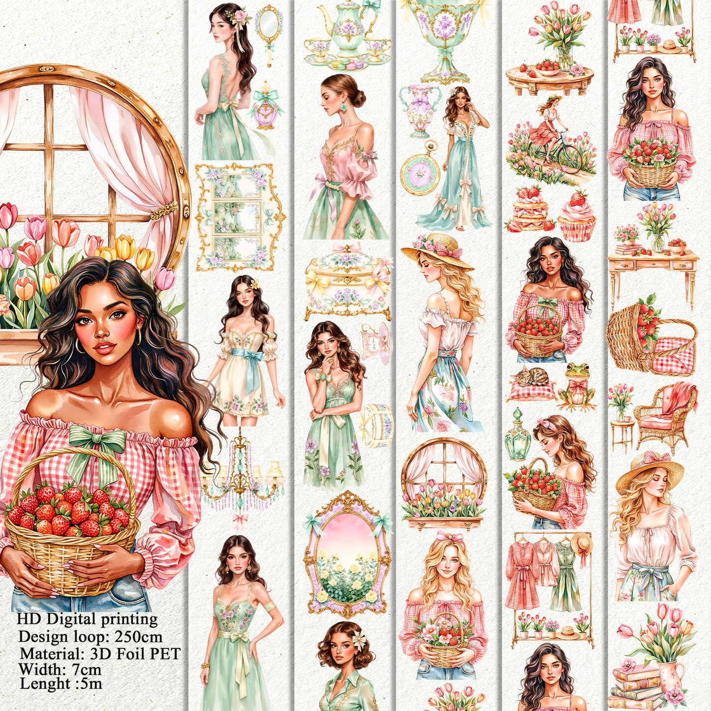 Rococo Spring Dreams and  Ginham Garden PET 3D raised tape,one roll fashion, junk journal, scrapbooking,bullet journal, card making.