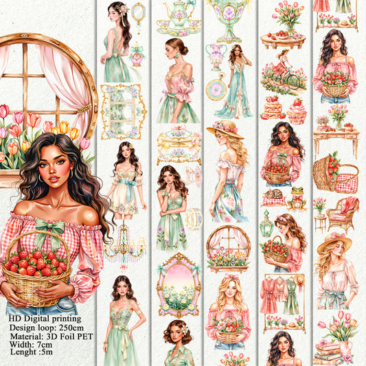Rococo Spring Dreams and  Ginham Garden PET 3D raised tape,one roll fashion, junk journal, scrapbooking,bullet journal, card making.
