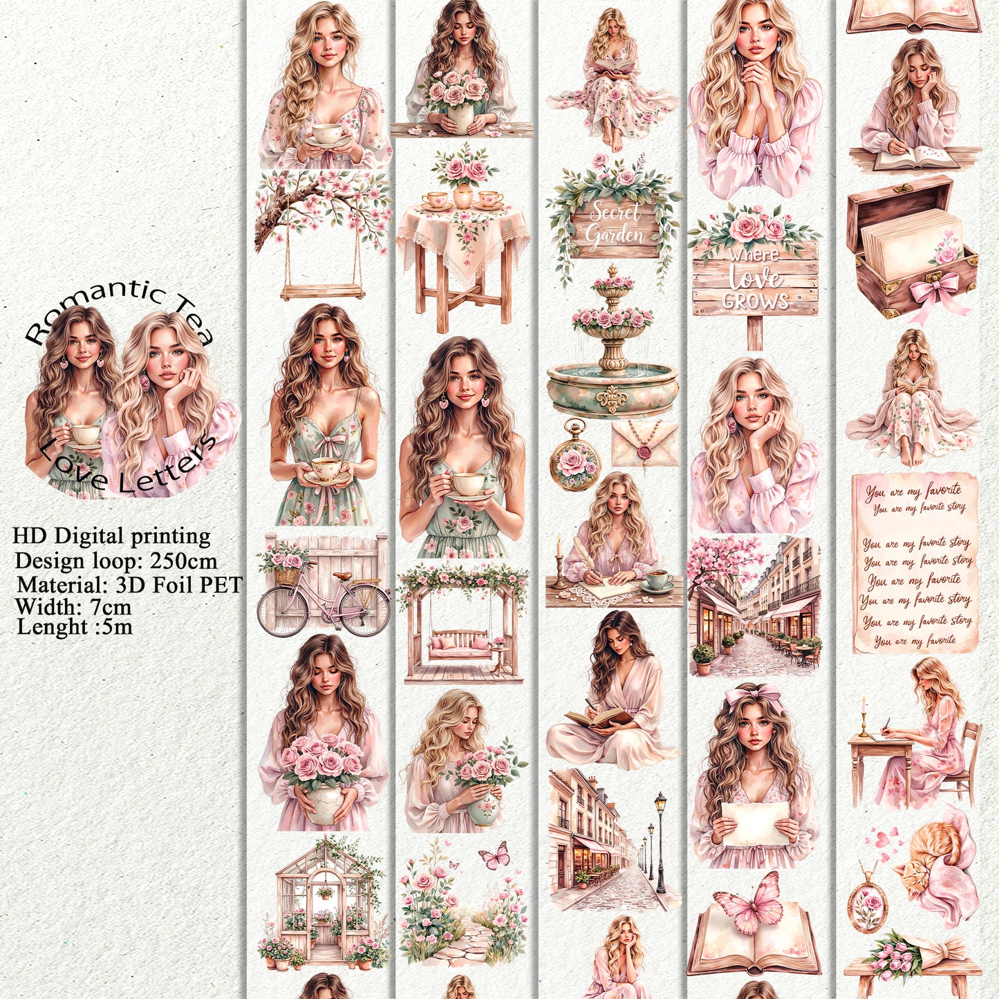 PET Romantic Tea and Love Letters 3D raised tape,one roll fashion, junk journal, scrapbooking,bullet journal, card making.