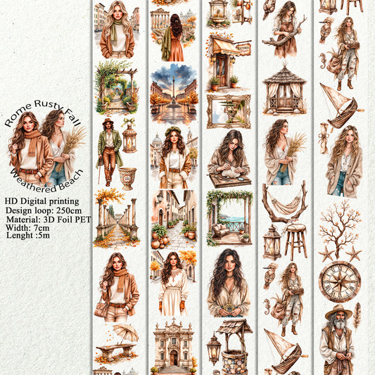 PET 3D raised Rome Rusty Fall and Weathered Beach tape,one roll fashion, junk journal, scrapbooking,bullet journal, card making.