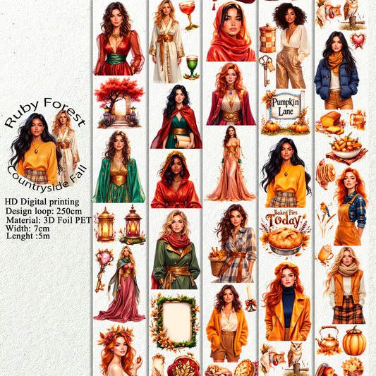 PET 3D raised Ruby Forest and Countryside Fall tape,one roll fashion, junk journal, scrapbooking,bullet journal, card making.