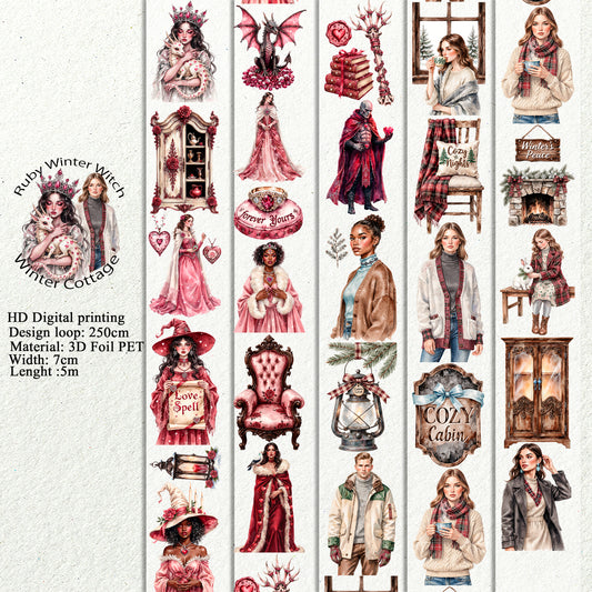 Ruby Winter Witch and Winter Cottage PET 3D raised tape,one roll fashion, junk journal, scrapbooking,bullet journal, card making.