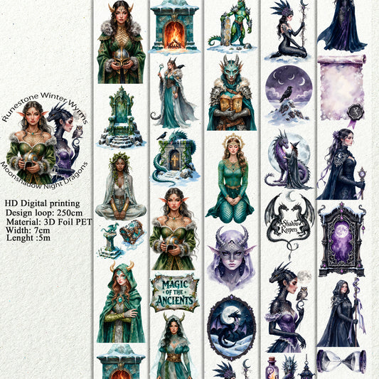 Runestone Winter Wyrms and Moonshadow Night Dragons PET 3D raised tape,one roll fashion, junk journal, scrapbooking,bullet journal, card making.
