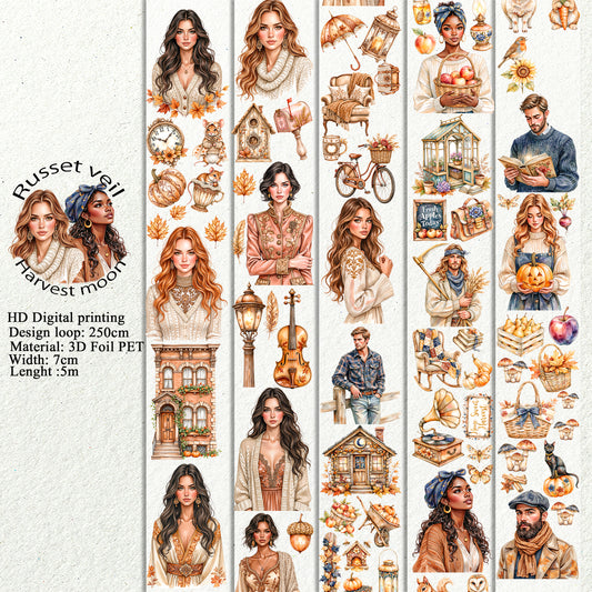 PET 3D raised Russet veil and Harvest moon tape,one roll fashion, junk journal, scrapbooking,bullet journal, card making.