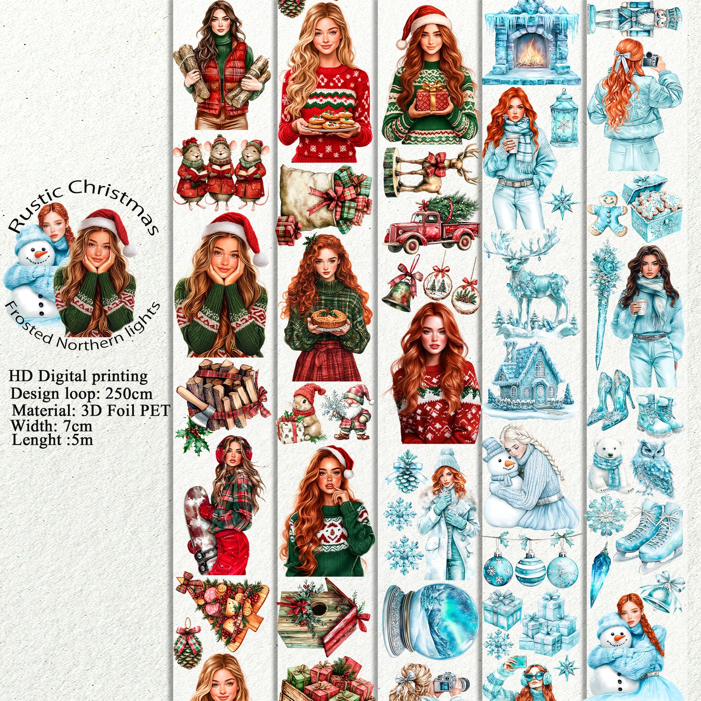 PET 3D raised Rustic Christmas and Frosted Northern lights tape,one roll fashion, junk journal, scrapbooking,bullet journal, card making.