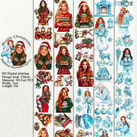 PET 3D raised Rustic Christmas and Frosted Northern lights tape,one roll fashion, junk journal, scrapbooking,bullet journal, card making.