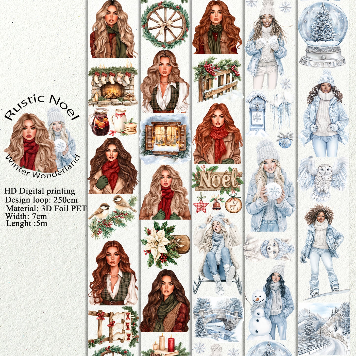 PET 3D raised Rustic Noel and Winter Wonderlandtape,one roll fashion, junk journal, scrapbooking,bullet journal, card making.