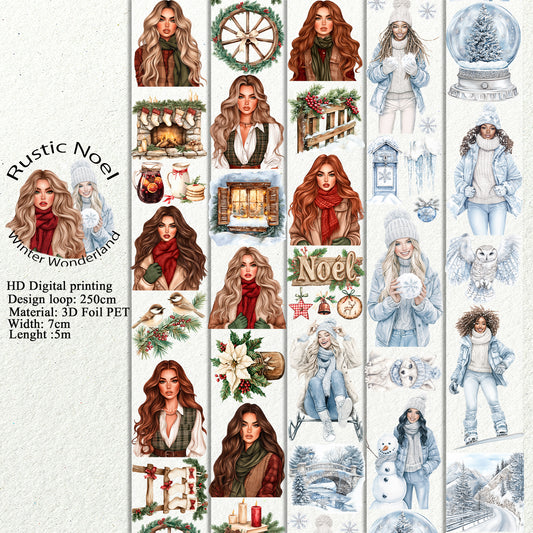 PET 3D raised Rustic Noel and Winter Wonderlandtape,one roll fashion, junk journal, scrapbooking,bullet journal, card making.