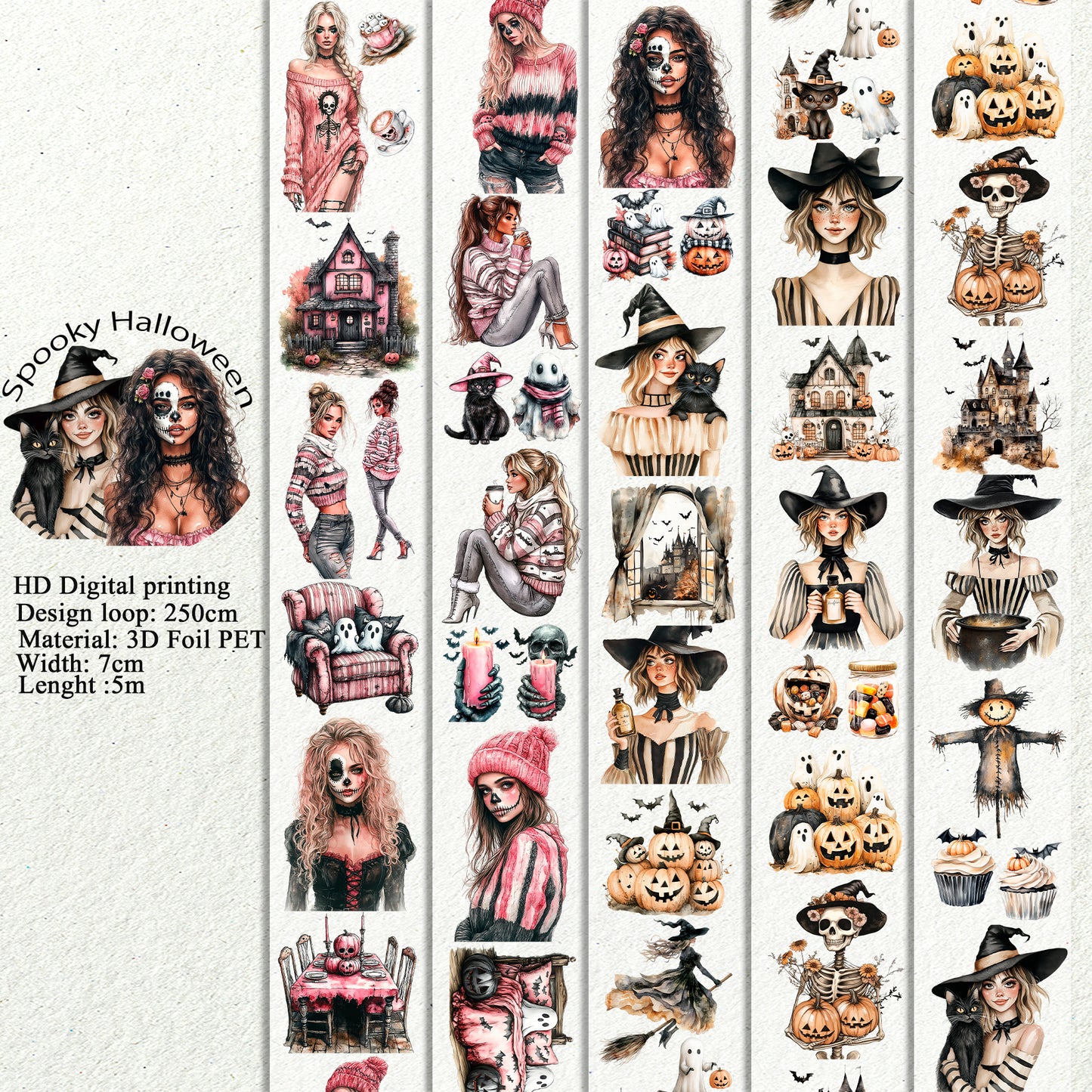 PET 3D raised Spooky Halloween tape,one roll fashion, junk journal, scrapbooking,bullet journal, card making.
