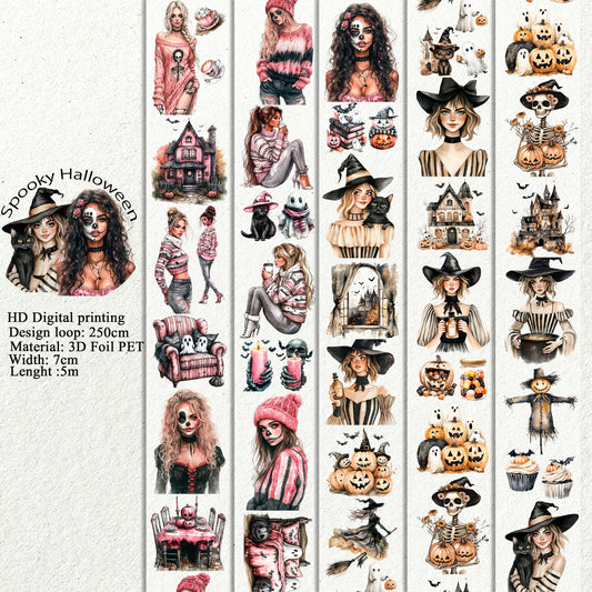 PET 3D raised Spooky Halloween tape,one roll fashion, junk journal, scrapbooking,bullet journal, card making.
