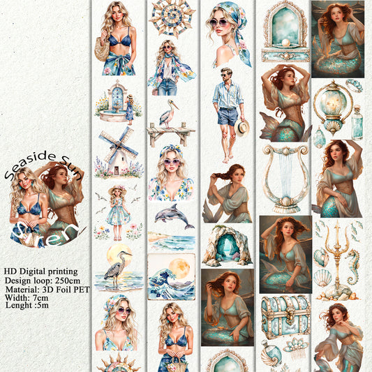PET 3D raised Seaside Sun and Siren tape,one roll fashion, junk journal, scrapbooking,bullet journal, card making.