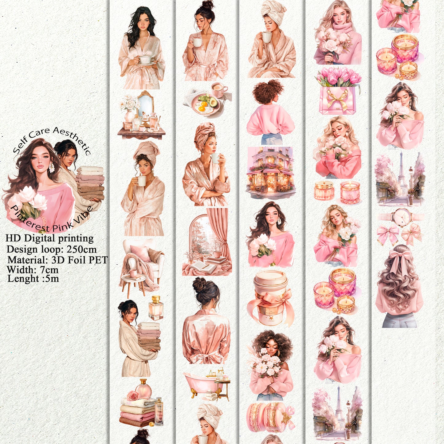 PET Self Care Aesthetic and Pinterest Pink vibe 3D raised tape,one roll fashion, junk journal, scrapbooking,bullet journal, card making.