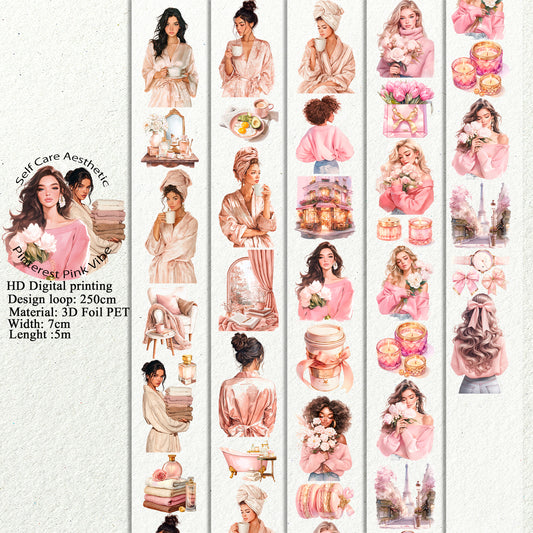PET Self Care Aesthetic and Pinterest Pink vibe 3D raised tape,one roll fashion, junk journal, scrapbooking,bullet journal, card making.