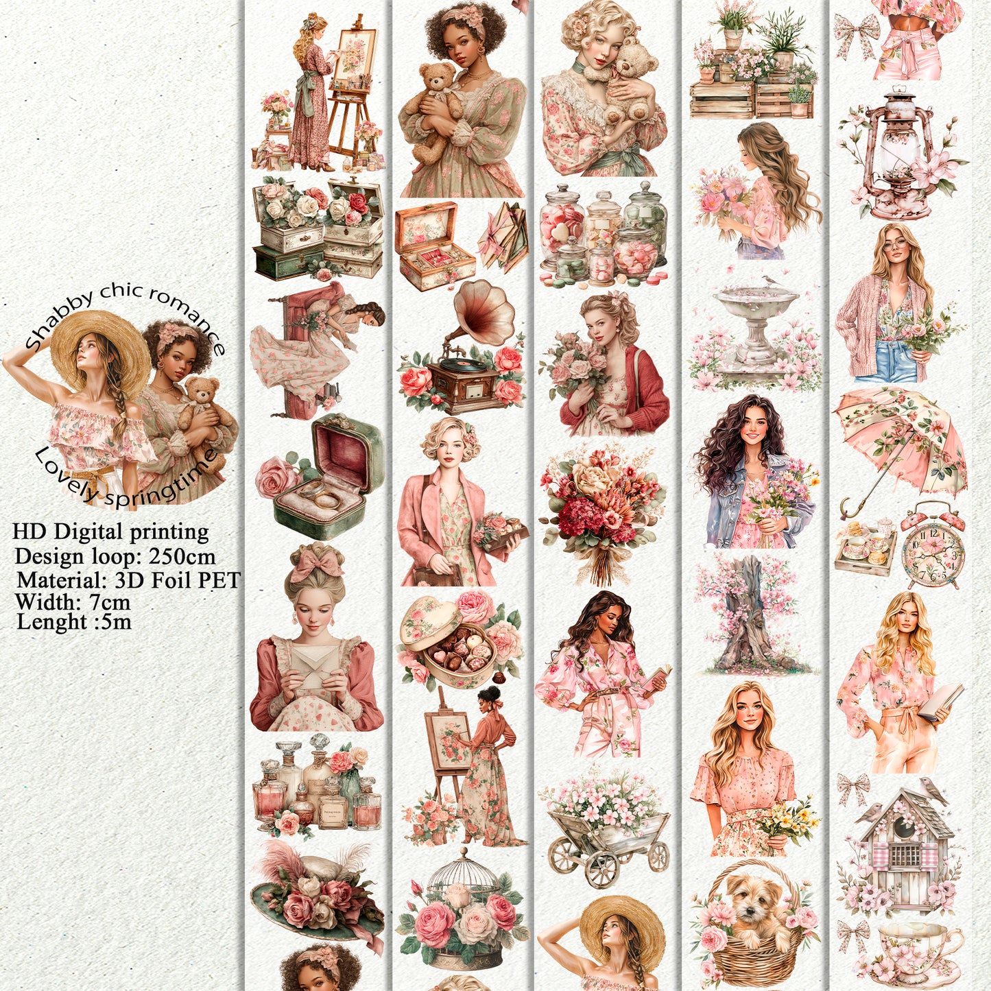 PET Shabby chic romance and Lovely springtime 3D raised tape,one roll fashion, junk journal, scrapbooking,bullet journal, card making.