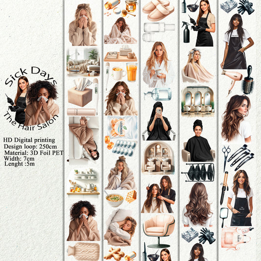 PET 3D raised Sick Days and The Hair Salon tape,one roll fashion, junk journal, scrapbooking,bullet journal, card making.