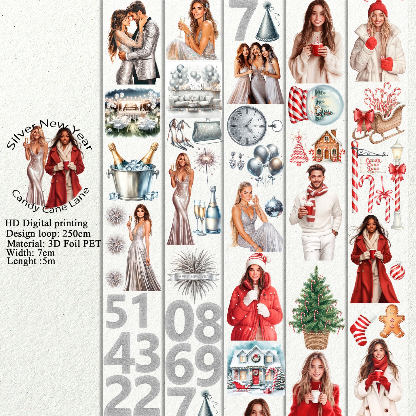 PET 3D raised Silver New Year and Candy Cane Lane tape,one roll fashion, junk journal, scrapbooking,bullet journal, card making.