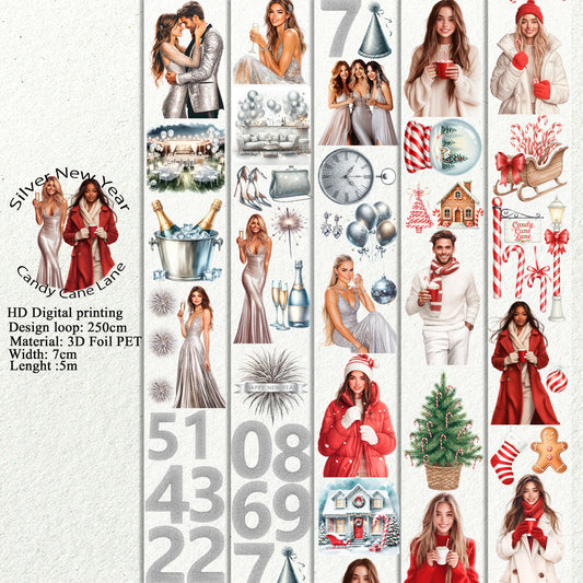 PET 3D raised Silver New Year and Candy Cane Lane tape,one roll fashion, junk journal, scrapbooking,bullet journal, card making.