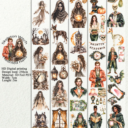 PET 3D raised Skeleton Witch and Haunted Halls tape,one roll fashion, junk journal, scrapbooking,bullet journal, card making.