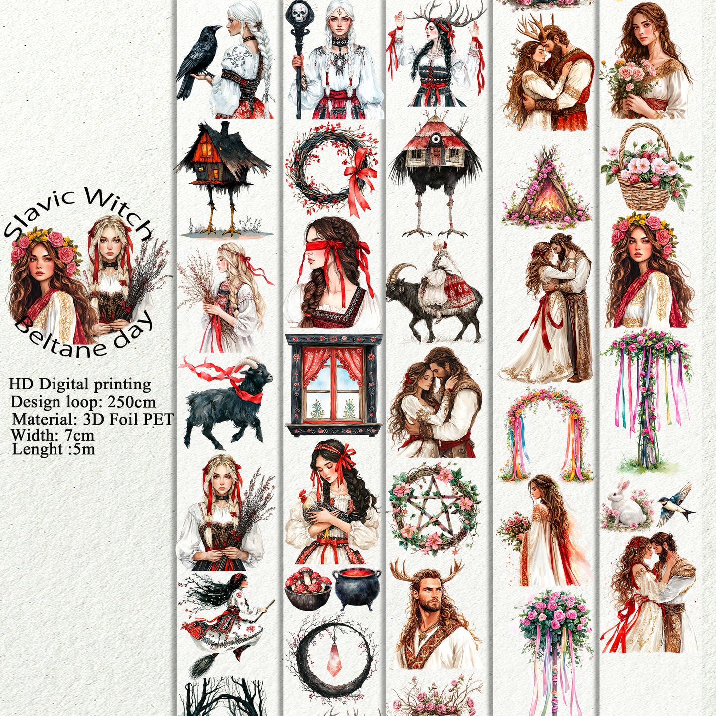 PET 3D raised Slavic Witch and Beltane day tape,one roll fashion, junk journal, scrapbooking,bullet journal, card making.