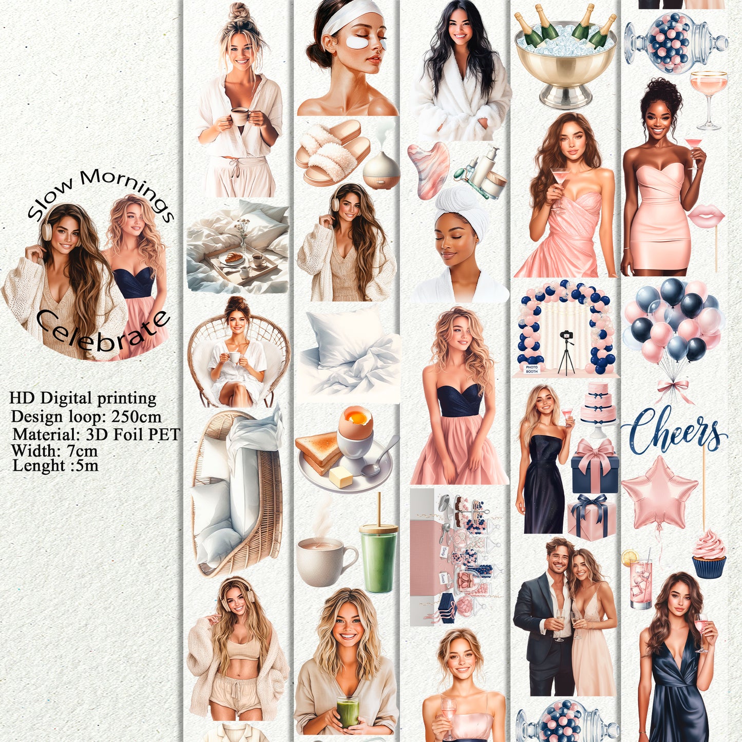 PET 3D raised Slow Mornings and Celebrate tape,one roll fashion, junk journal, scrapbooking,bullet journal, card making.