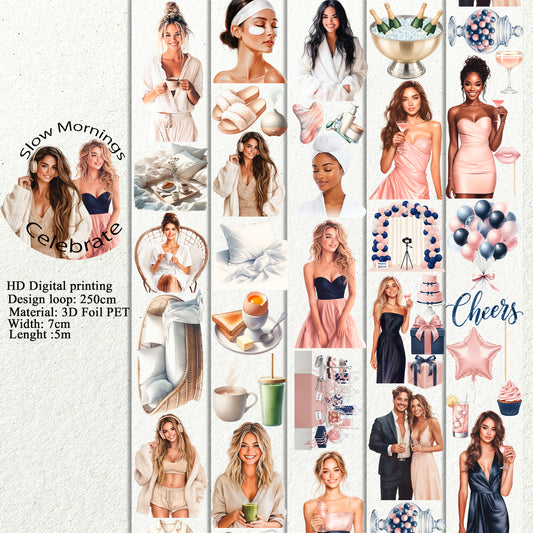 PET 3D raised Slow Mornings and Celebrate tape,one roll fashion, junk journal, scrapbooking,bullet journal, card making.