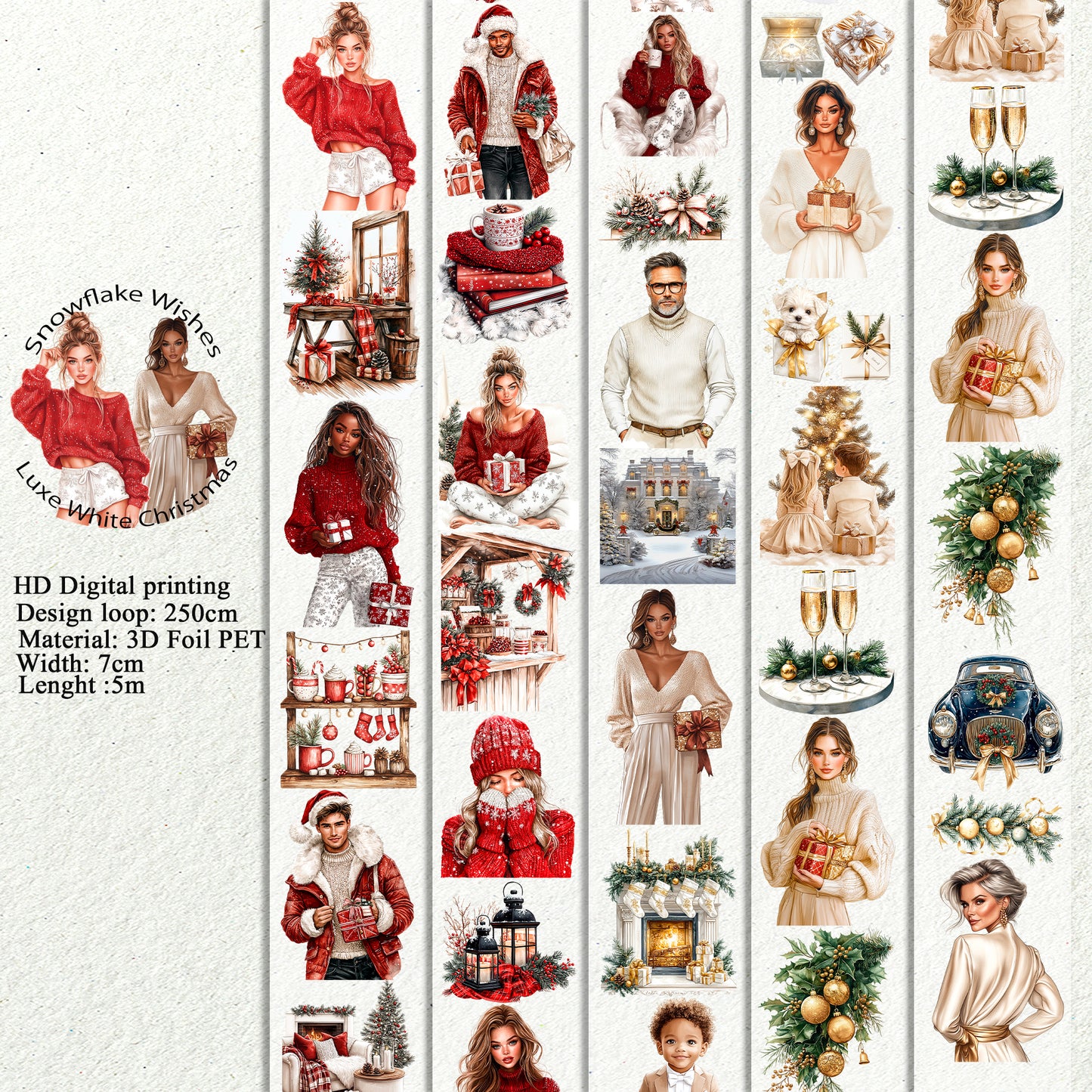 PET 3D raised Snowflake Wishes and Luxe White Christmas tape,one roll fashion, junk journal, scrapbooking,bullet journal, card making.