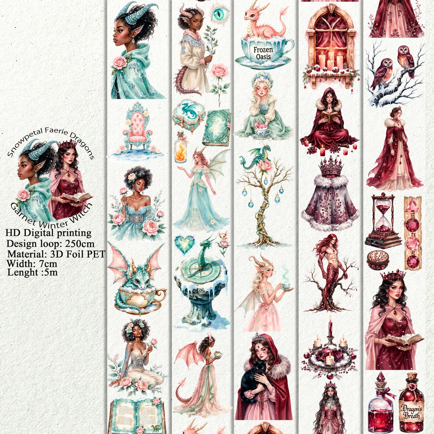Snowpetal Faerie Dragons and Garnet Winter Witch 3D PET Foil Washi Tape